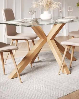 tavolo con piano in vetro e piede legno