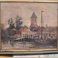 Quadro con cornice verde con barche e torre