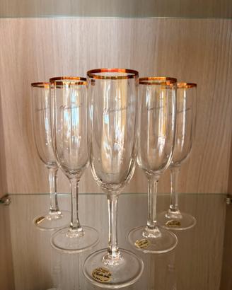Set 5 Calici Champagne in Cristallo e Oro