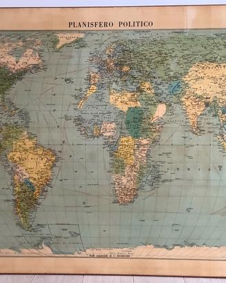 Planisfero carta geografica Luigi Visintin 1957