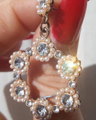 Orecchini donna pendente strass microperle vintage