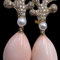 ORECCHINI ORO DIAMANTI CORALLO ROSA PERLE