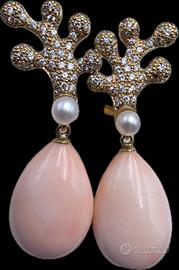 ORECCHINI ORO DIAMANTI CORALLO ROSA PERLE