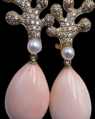 ORECCHINI ORO DIAMANTI CORALLO ROSA PERLE