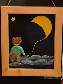 Quadro artigianale a rilievo con bambino e Luna 