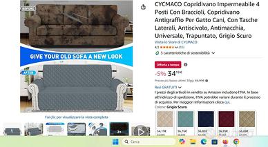 Copridivano grigio impermeabile trapuntato 4 posti