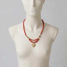 Collana Corallo Rosso Naturale Ciondolo Dorato