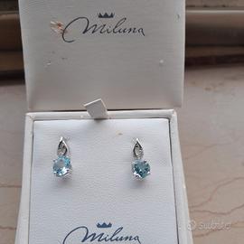 Orecchini  in oro bianco con acquamarina  e brilla