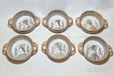 Set 6 ciotole biansate in maiolica lustro Rubboli