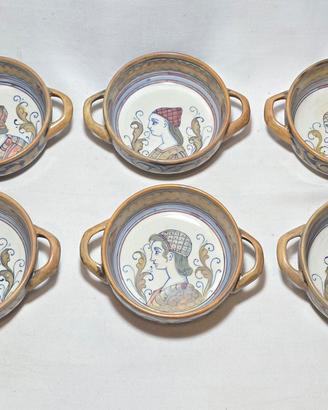 Set 6 ciotole biansate in maiolica lustro Rubboli