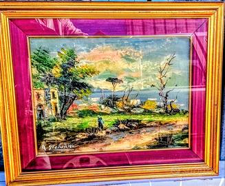 Quadro con paesaggio dipinto a mano firmato.