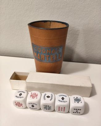 Cognac Martell set 5 dadi poker + bicchiere cuoio