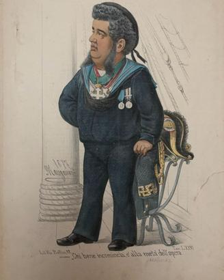 Antica caricatura FERDINANDO ACTON Napoli 1877