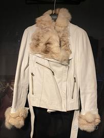 Giacca chiodo Halfon in pelle bianca e volpe Tg 42