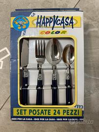 set posate 24 pezzi blu e acciaio