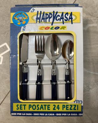 set posate 24 pezzi blu e acciaio