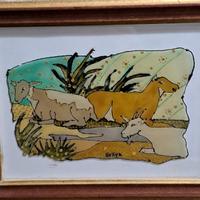 quadro Naif con animali, pittura su vetro