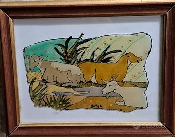 quadro Naif con animali, pittura su vetro