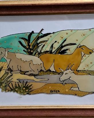 quadro Naif con animali, pittura su vetro