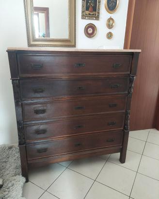 Cassettiera antica in legno con ripiano in marmo r
