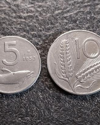 5 Lire Delfino e 10 Lire 1953 Spighe di Grano Ita