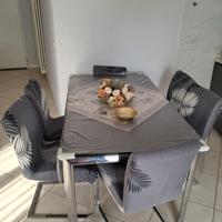 Tavolo vetro nero 90x160 + 6 sedie beige – Moderno