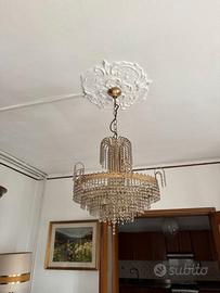Coppia Lampadario a cascata di cristalli e ottone