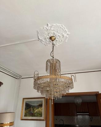 Coppia Lampadario a cascata di cristalli e ottone