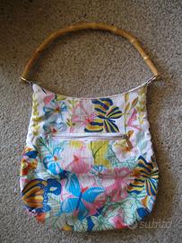 Borsa vintage in tessuto ricamato-manico di bambù