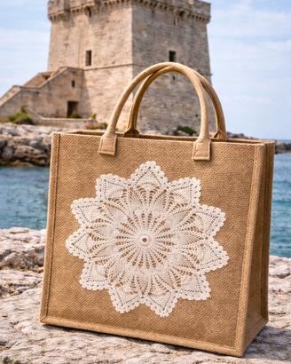Borsa in juta con centrino antico salentino
