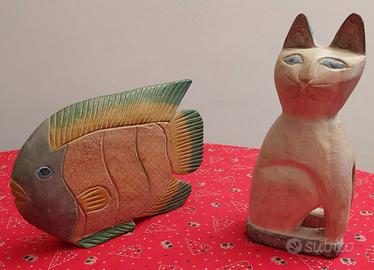 Soprammobili Gatto e Pesce pitturati a mano