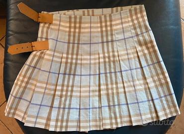 Gonna scozzese a pieghe azzurra e beige Burberry