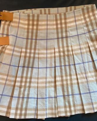Gonna scozzese a pieghe azzurra e beige Burberry