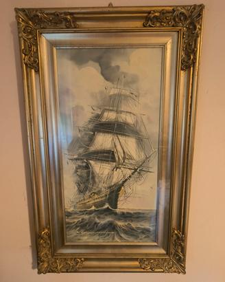 Coppia dipinti olio marina velieri con cornice dor