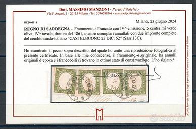 1861 SARDEGNA RARITA' FRAMMENTO CON 4 VALORI DEL 5