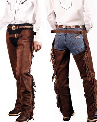 Chaps western in pelle scamosciata con frange