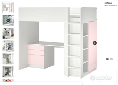 IKEA-Letto a soppalco, bianco rosa -con scrivania