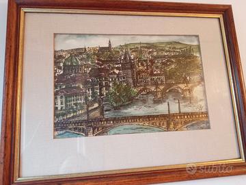 Acquarello ponte Carlo - Praga 1989 con cornice
