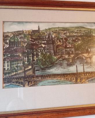 Acquarello ponte Carlo - Praga 1989 con cornice