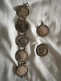 Bracciale Spilla e Ciondolo 500lire argento