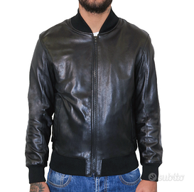 Giacca Uomo Bomber Vera Pelle Nero Giubbotto Slim