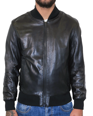Giacca Uomo Bomber Vera Pelle Nero Giubbotto Slim