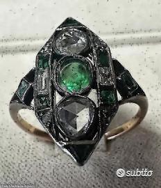 Anello anni 30 oro argento diamanti e smeraldi