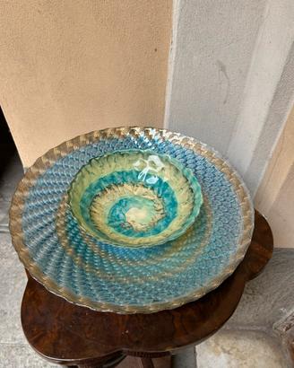 Set piatto e ciotola in vetro dorato-azzurro