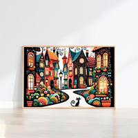 Colorful Landascape Cat Decorative Art Print 