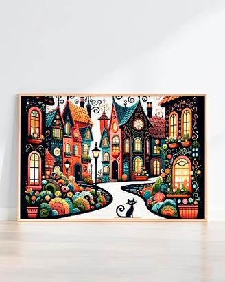 Colorful Landascape Cat Decorative Art Print 