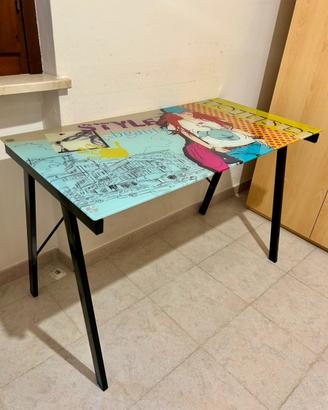 Scrivania in vetro temperato + mobiletto con ruote