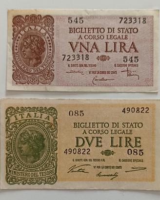 23#. Banconote 1 e 2 Lire.