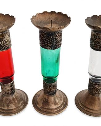 Tris Candelieri Vintage Vetro Colorato + Ottone -