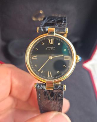 Must de Cartier Vendôme Vermeil, black dial, 30mm